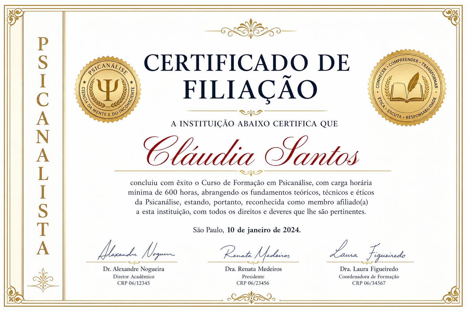 Certificado de Filiação em Psicanálise — Cláudia Santos